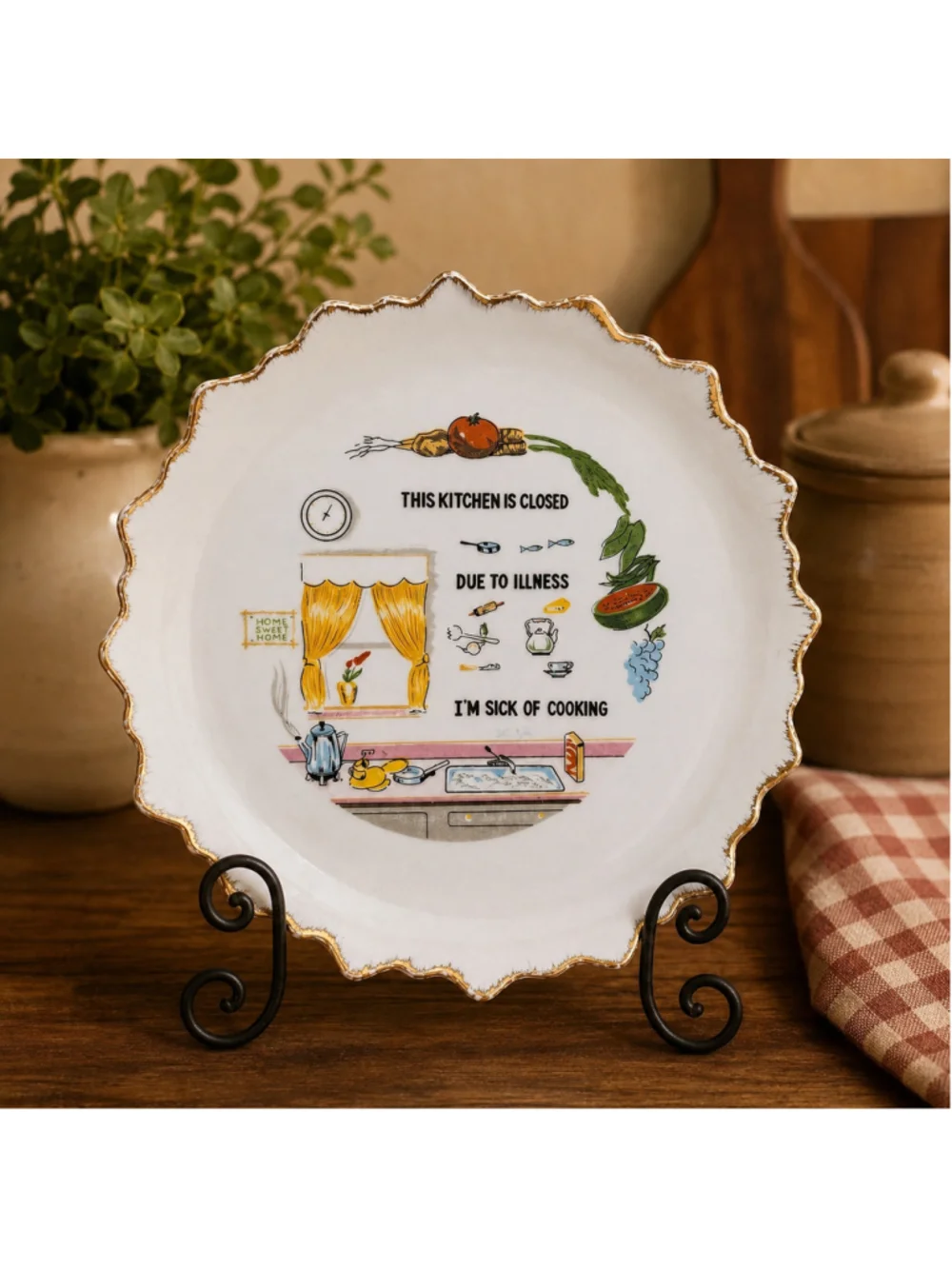 Vintage 1970s Sick of Cooking Kitchen Humor Decorative Plate Gold Trim